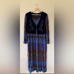 Carole Little Vintage Blue and Black Velvet and Crepe Patterned Dress Size 14